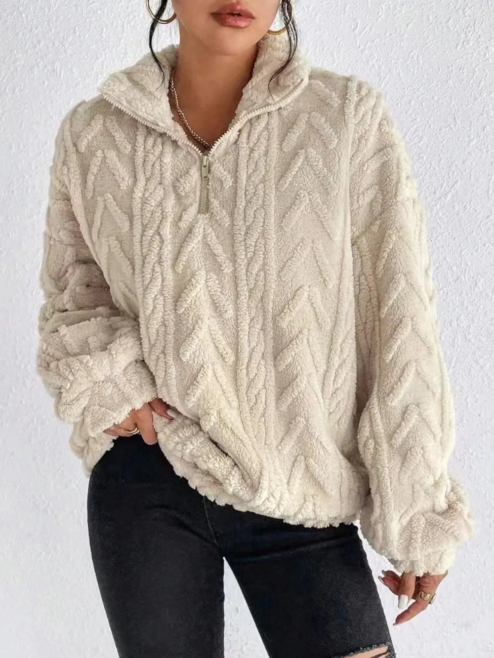 Sweat Duveteux Col Zippé – Camel