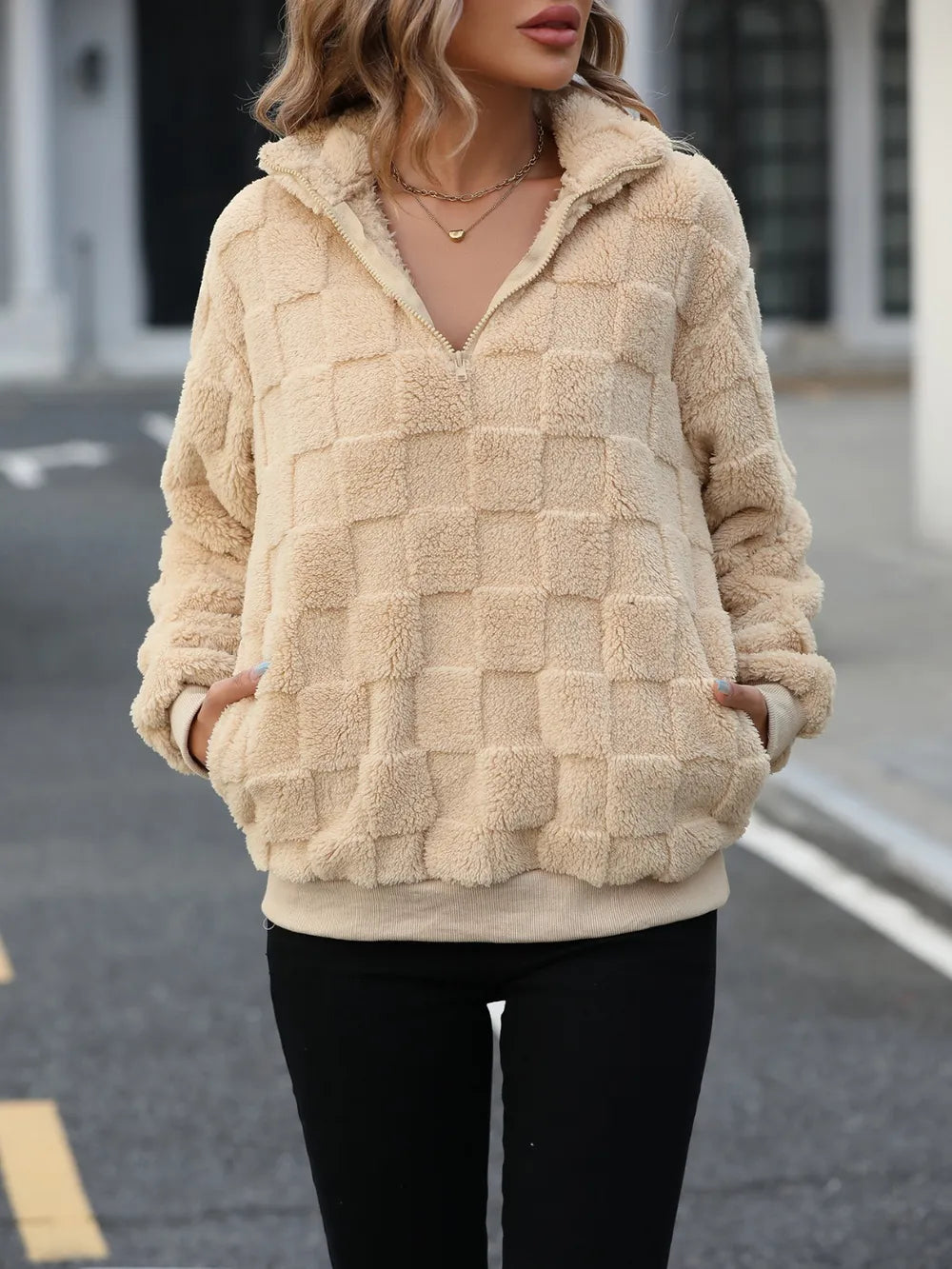Sweat Col Zippé Manches Longues – Camel