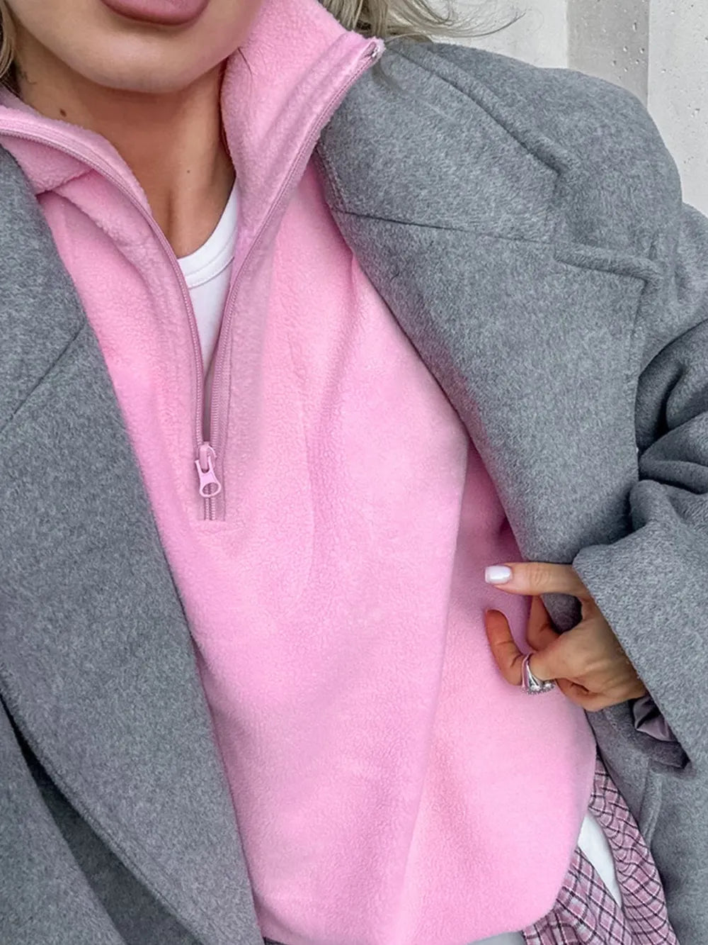 Sweat Col Zippé Manches Longues – Rose Poudré