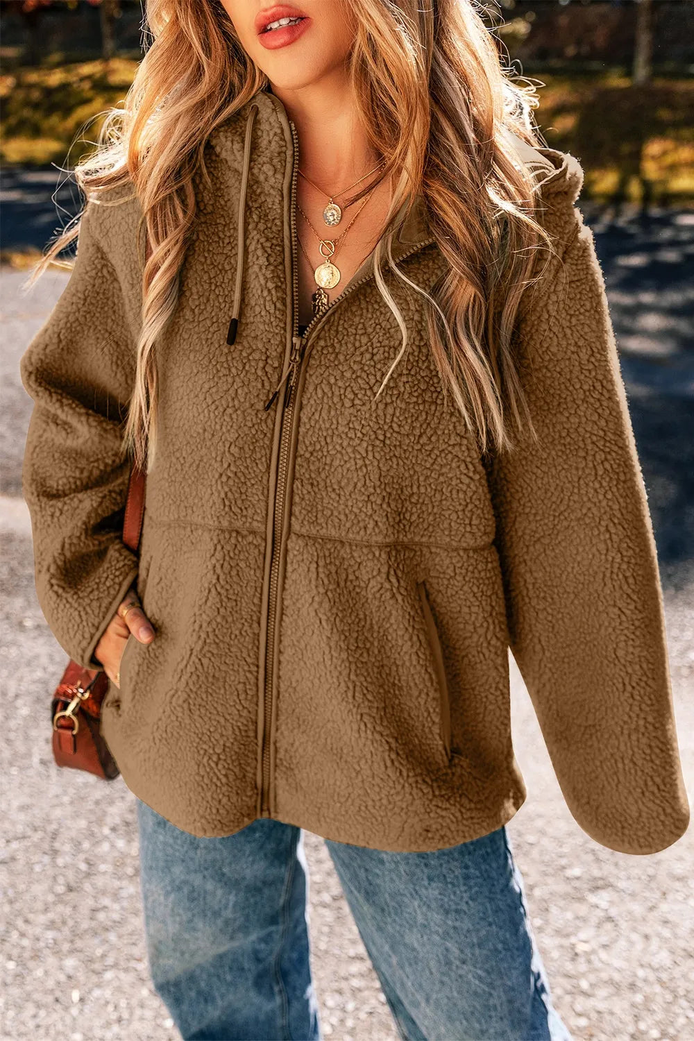 Veste Zippée en Polaire Bouclée à Capuche