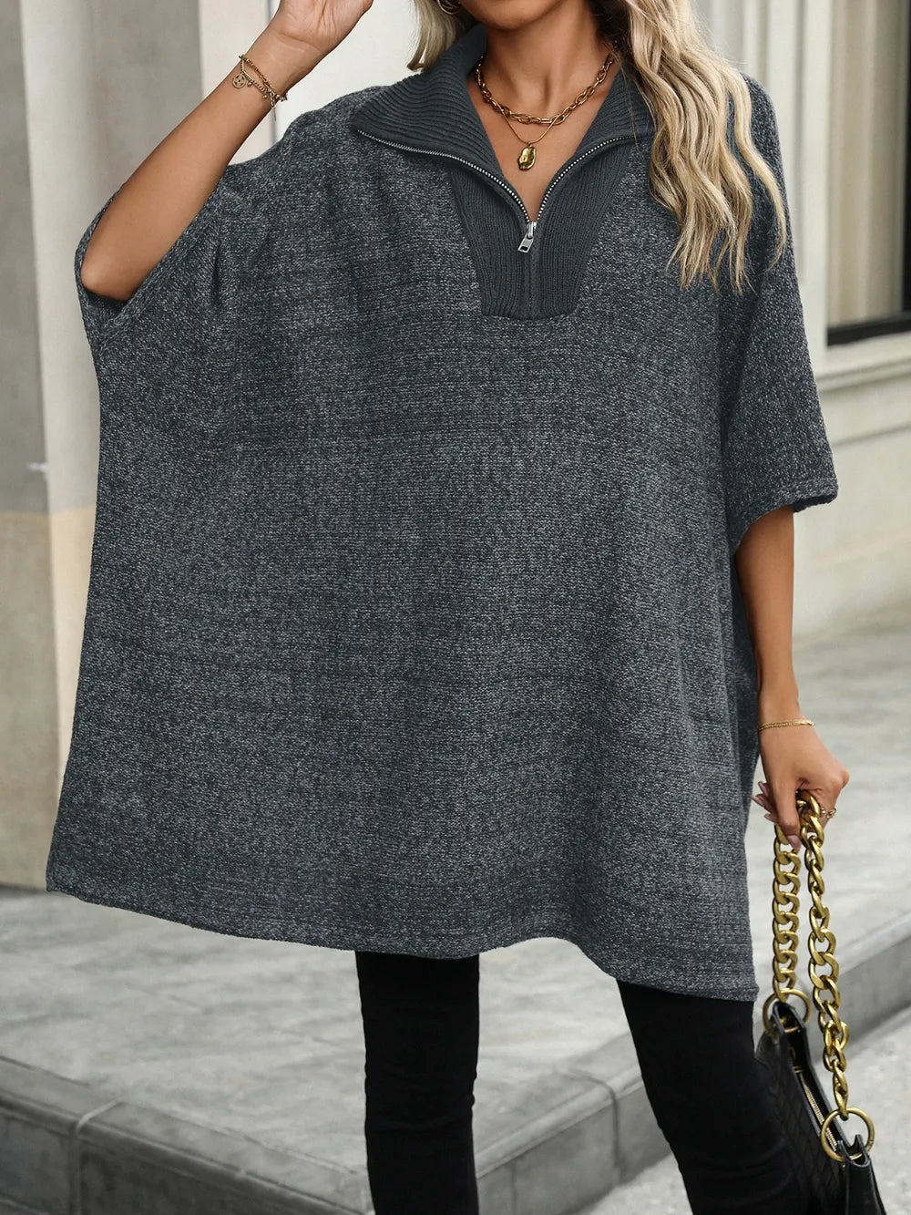 Pull Col Zippé Manches Mi-Longues Fendu