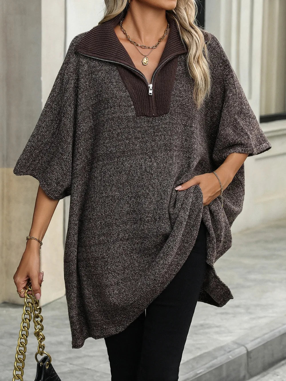 Pull Col Zippé Manches Mi-Longues Fendu