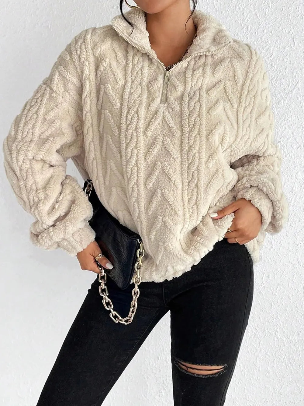 Sweat Duveteux Col Zippé – Camel