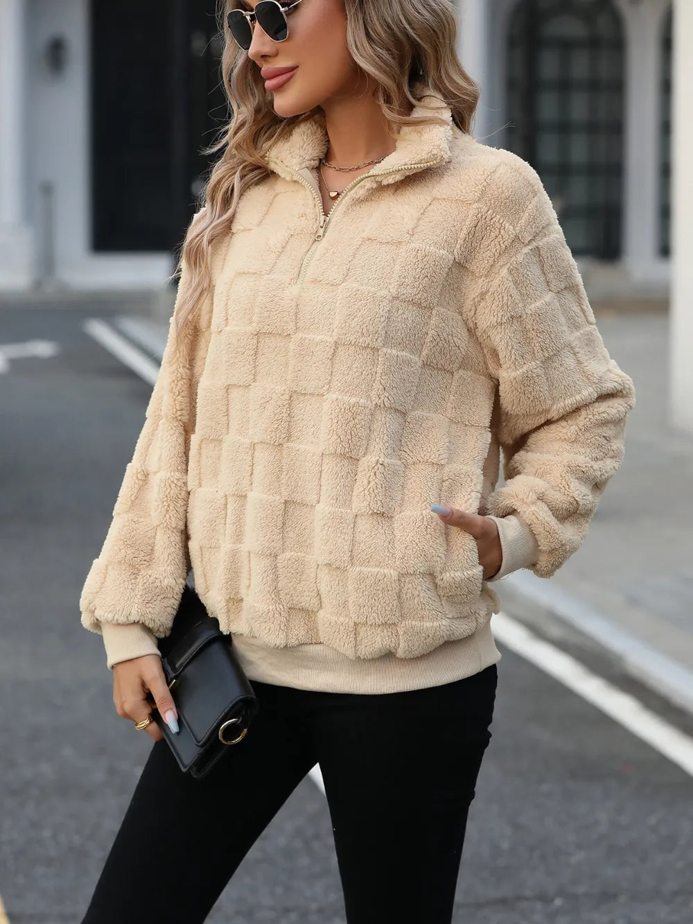 Sweat Col Zippé Manches Longues – Camel