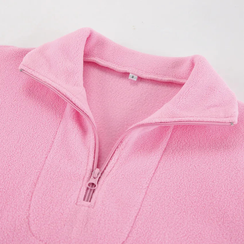 Sweat Col Zippé Manches Longues – Rose Poudré
