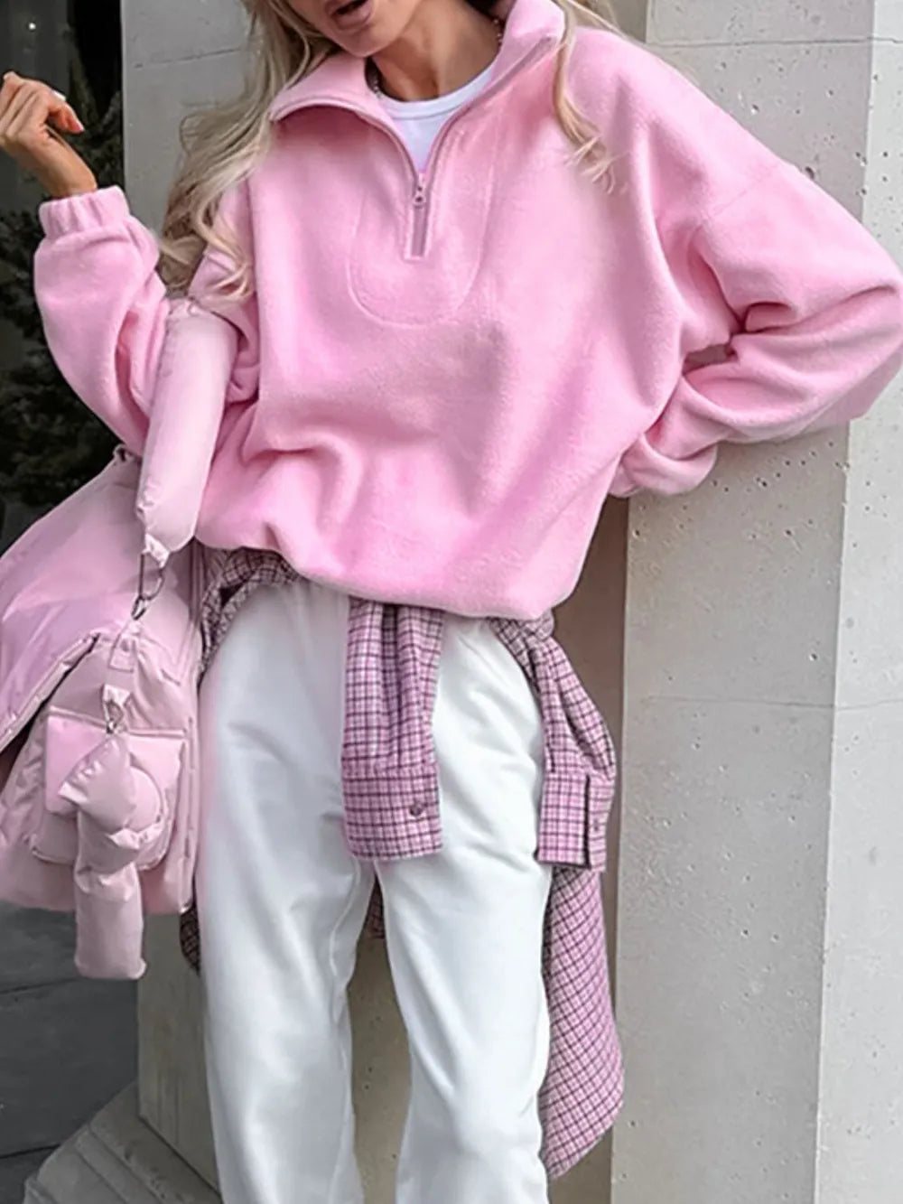Sweat Col Zippé Manches Longues – Rose Poudré