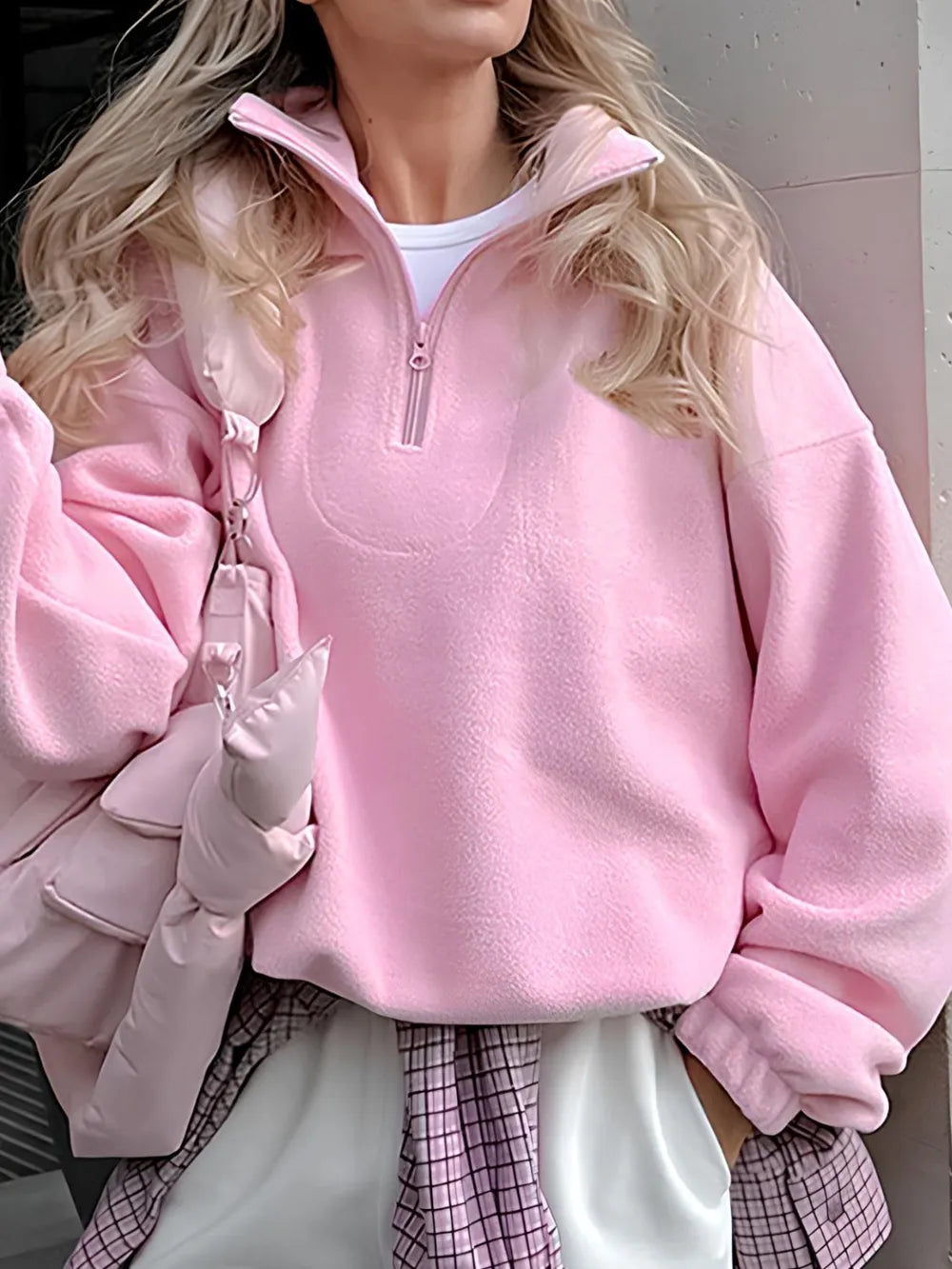 Sweat Col Zippé Manches Longues – Rose Poudré