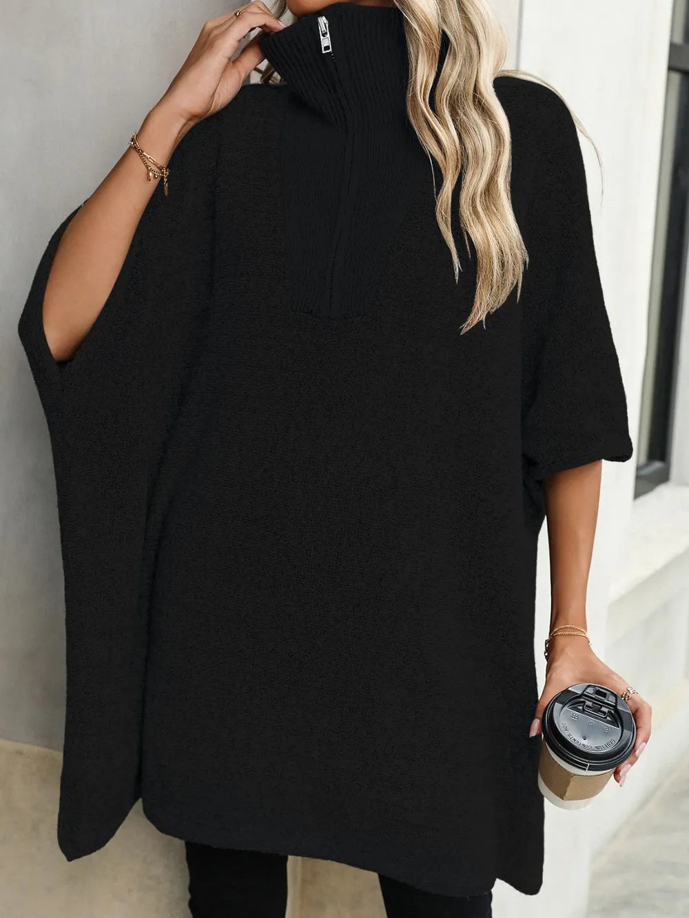Pull Col Zippé Manches Mi-Longues Fendu