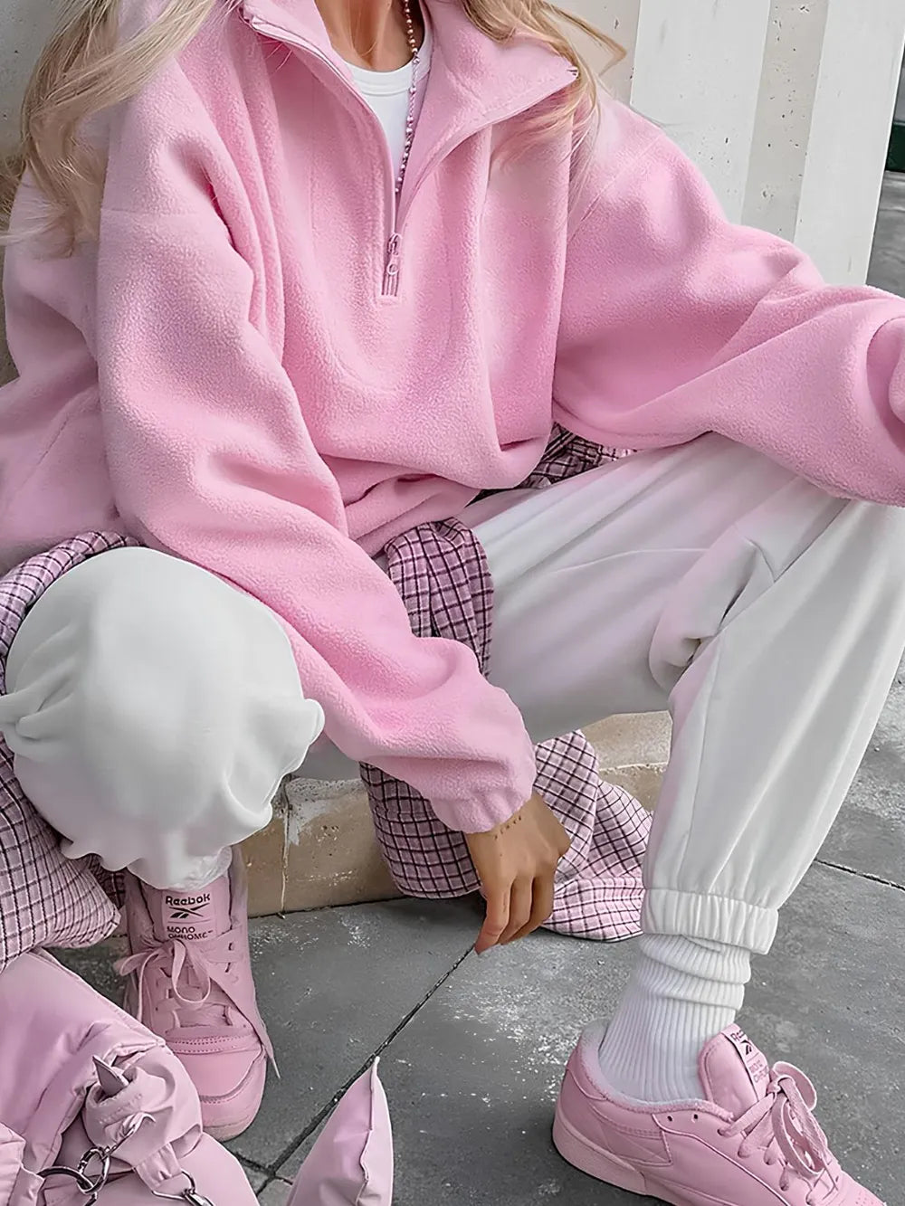 Sweat Col Zippé Manches Longues – Rose Poudré
