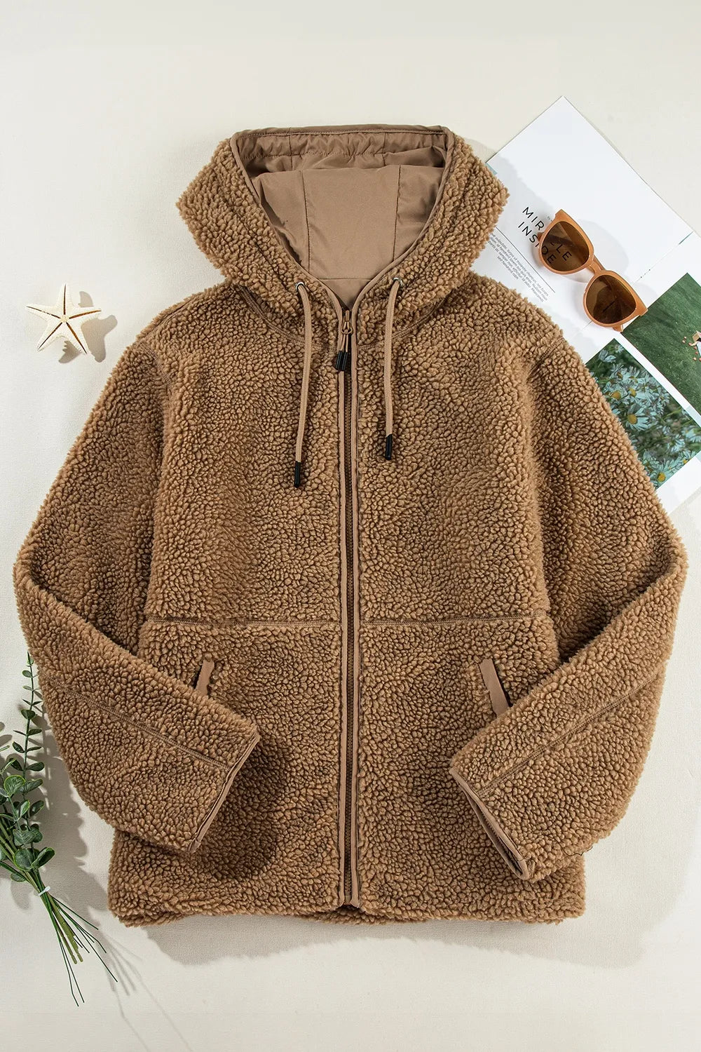 Veste Zippée en Polaire Bouclée à Capuche